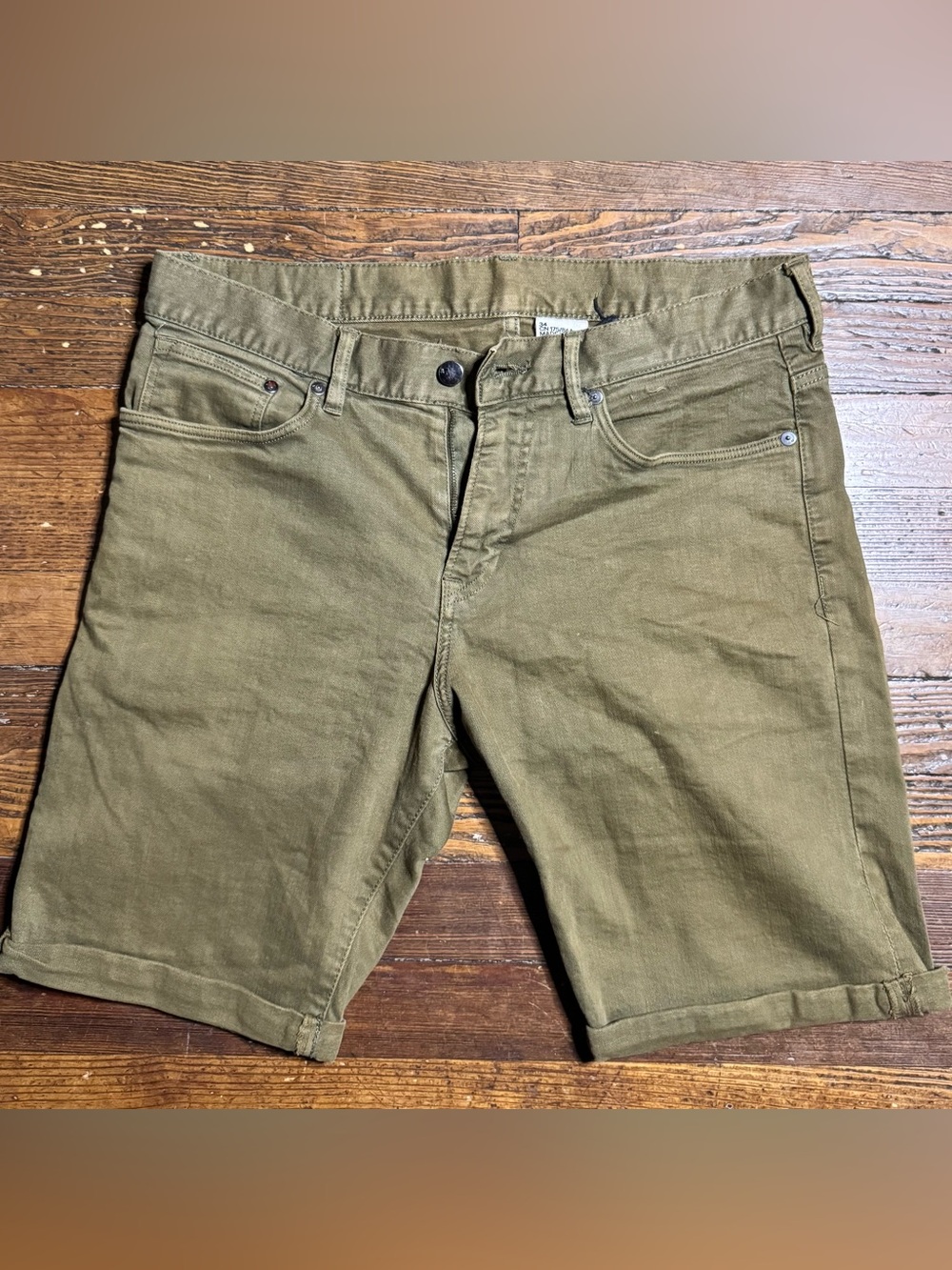 H&M &Denim Mens Slim Fit Shorts Size 34 Olive Green Jean Rolled Cuff Stretch